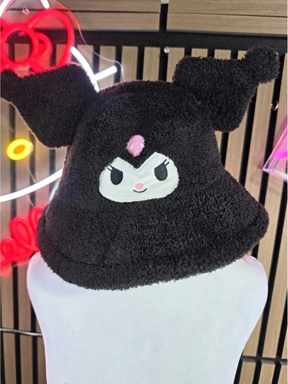 Kuromi Sanrio Black Fleece Lined Bucket Hat, Embroidered, Polyester, One Size